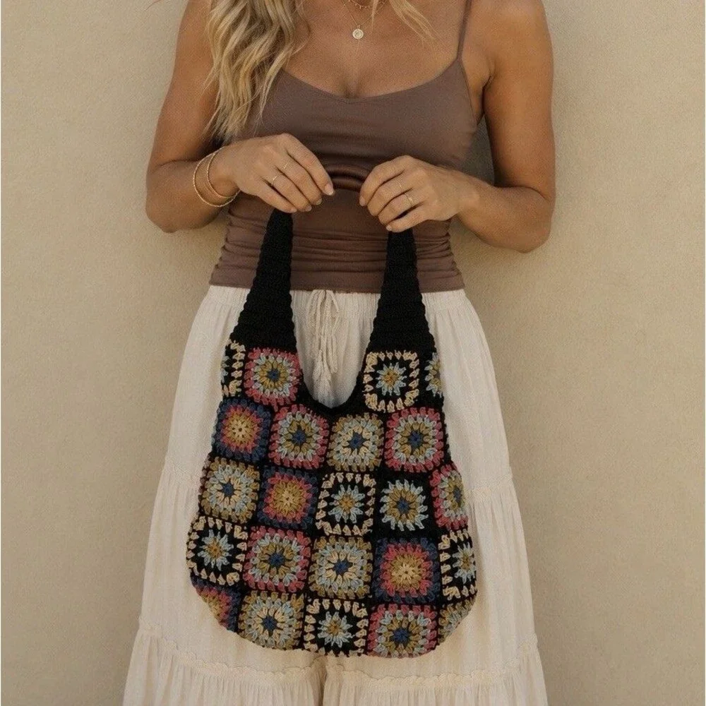 Free People Granny Square Crochet Tote Bag Black Multi Boho Leather Handle NWOT